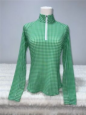 Walter Hagen Green Gingham Zip-Front Long Sleeve Golf Top